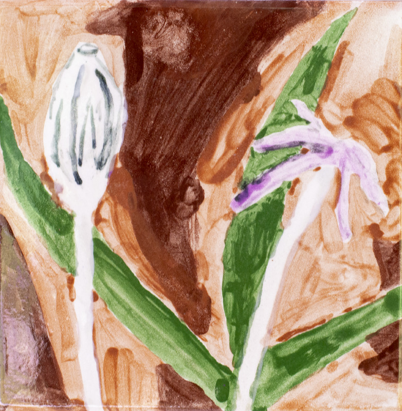 Painting of pink flowers with a brown background.