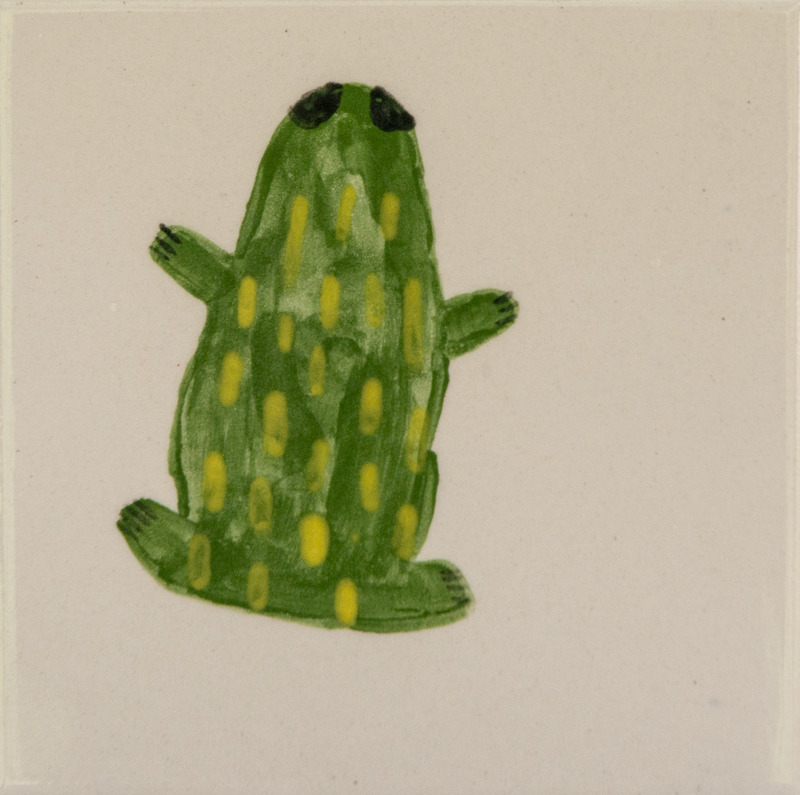 Painting of a green frog with yellow spots, black eyes, and short legs.