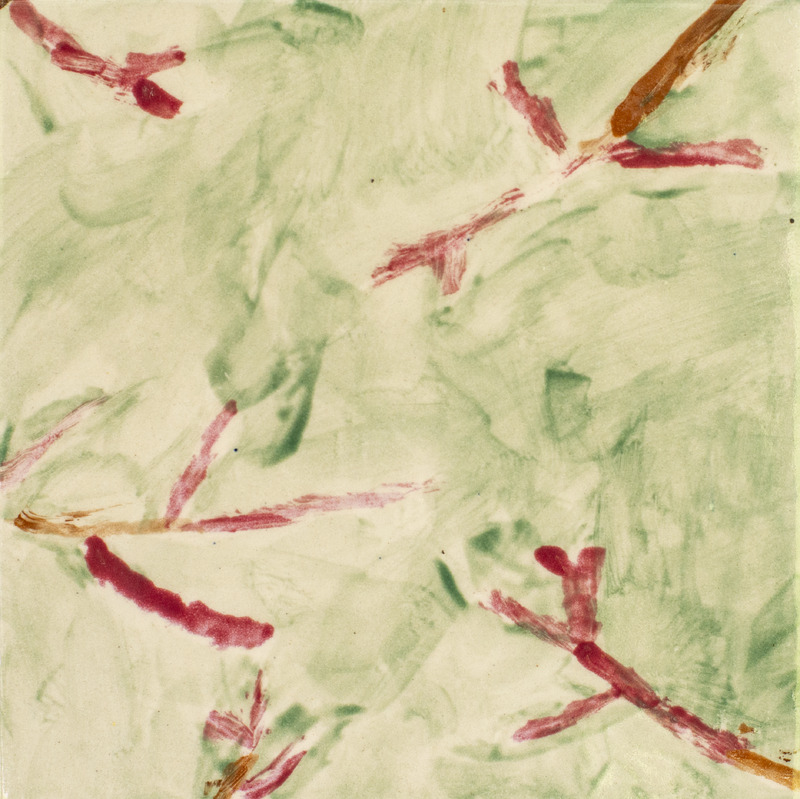 Painting of five brown twigs growing out from each corner. They are in front of a green background.