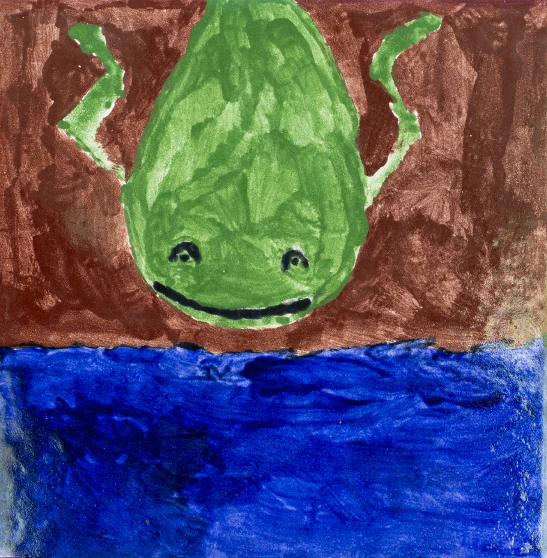 Painting of frog facing blue water.