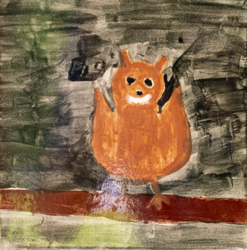 Painting of an orange bat sitting on a branch in front of a black sky.