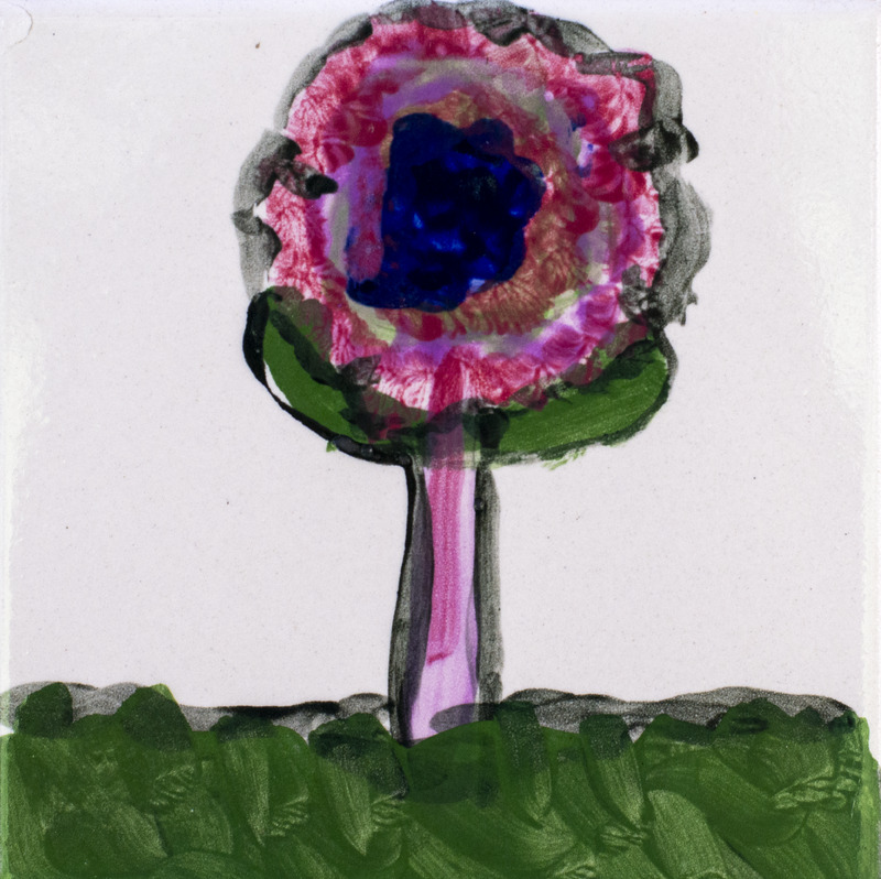 Painting of pink flower with blue center growing in grass against white background.