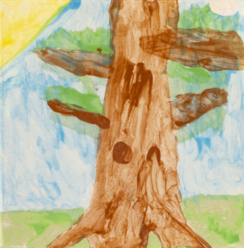Painting of a large brown tree with branches and an empty hole, in front of a blue sky.