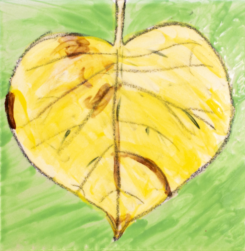 Painting of yellow heart-shaped leaf against green background.