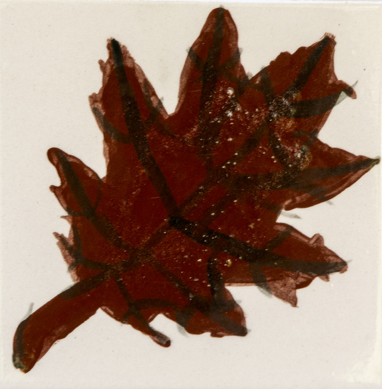 Painting of a dark brown oak leaf with dark veins.