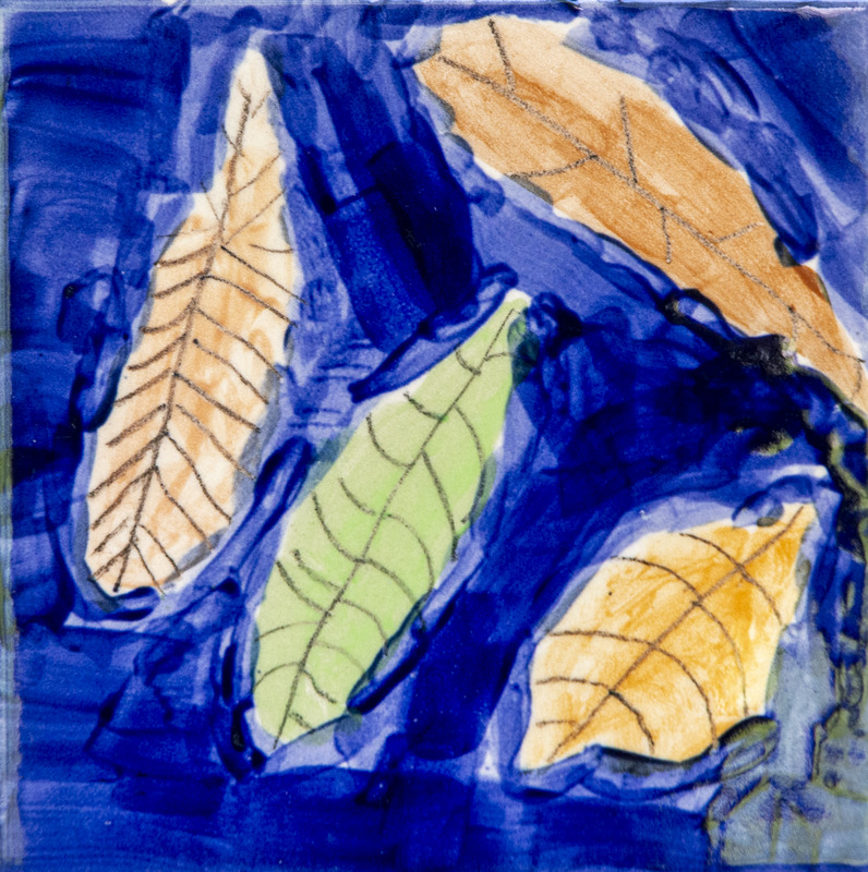 Painting of several autumn leaves in yellow and green with veins, set against a dark blue background.