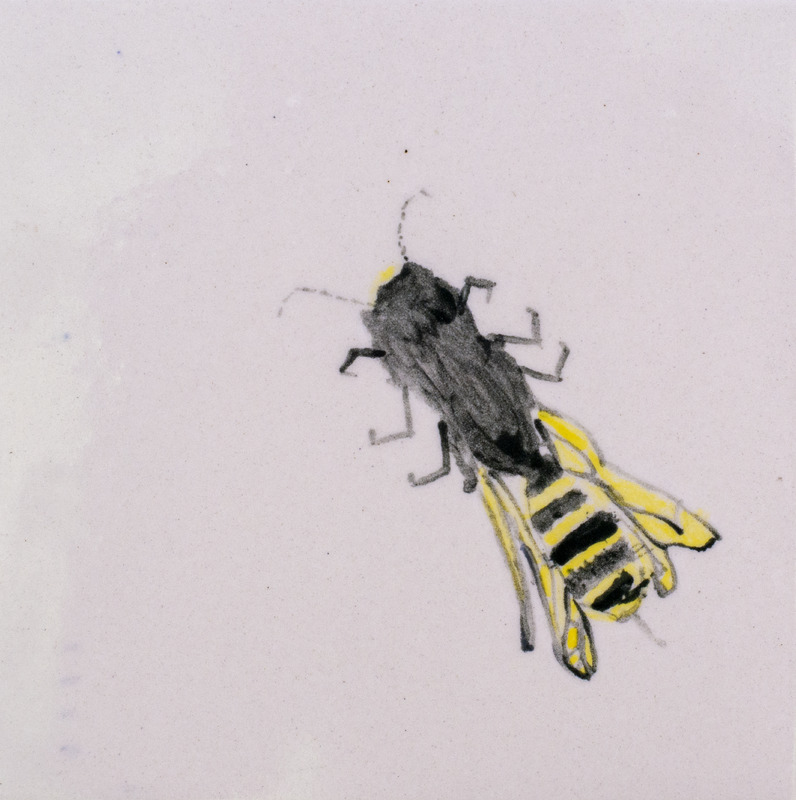 Painting of a black and yellow bee with striped abdomen and wings