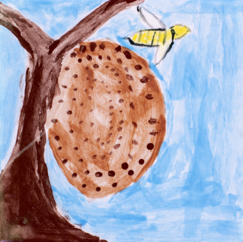 Painting of a wasp and wasp nest on a brown tree with a blue background.