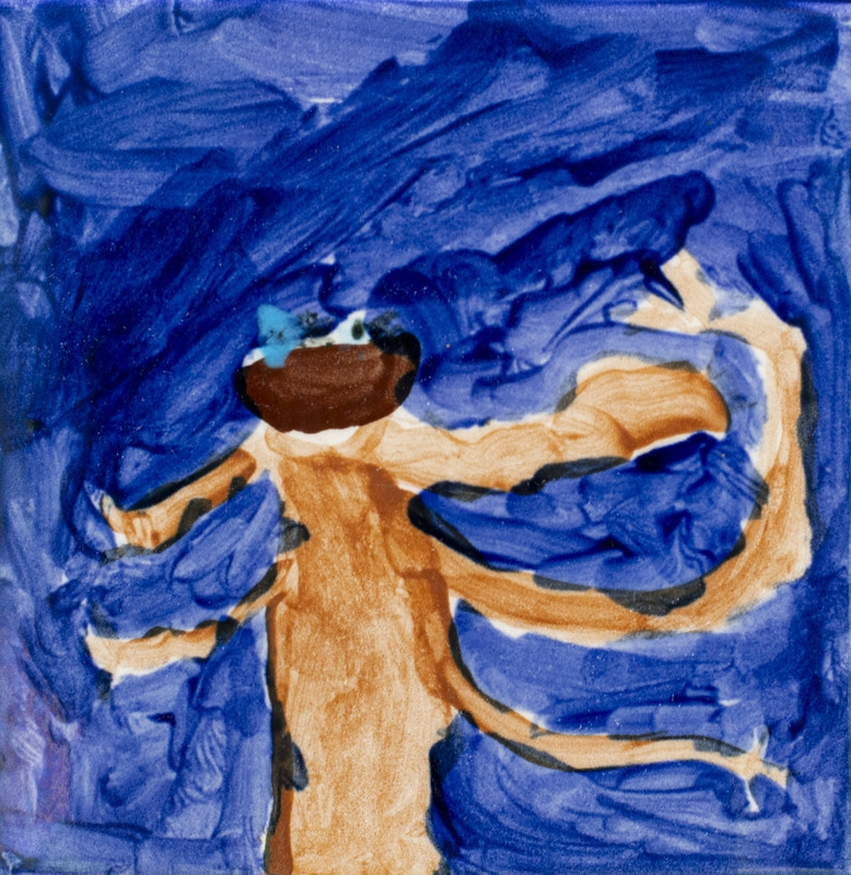 Painting of a tree with a bird’s nest at the top, surrounded by dark blue sky and branches.