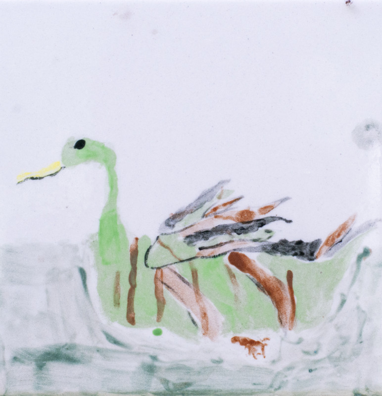 Painting of green goose with some brown feathers laying down.