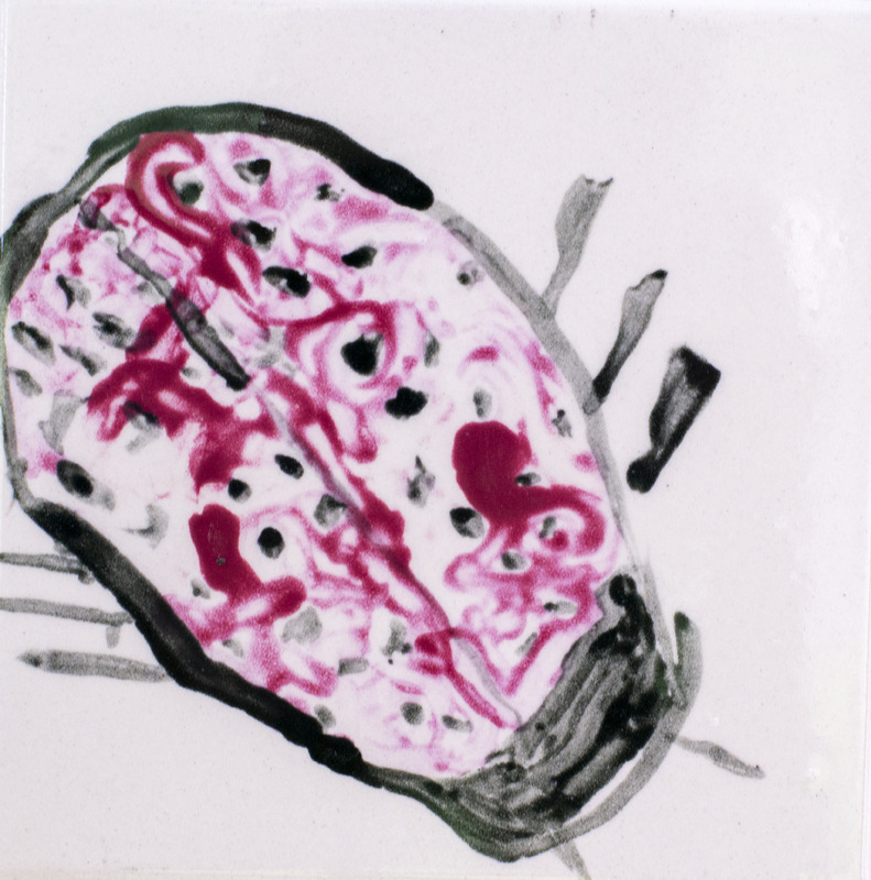 Painting of a red beetle with dark spots and legs.