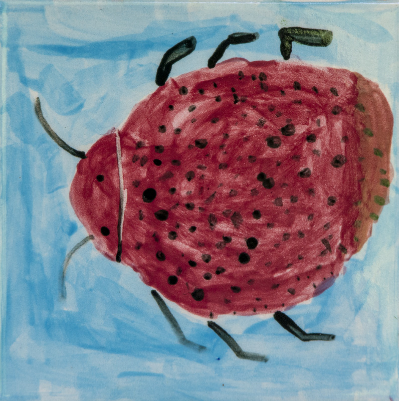 Painting of a red ladybug with black spots and legs on a light blue background.
