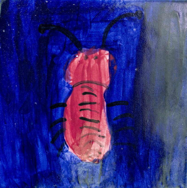 Painting of an eight-legged red bug with antennae in front of a blue background.