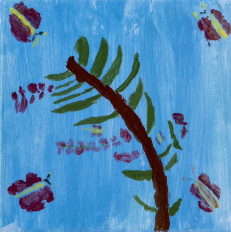 Painting of butterflies flying around a branch with a blue background.