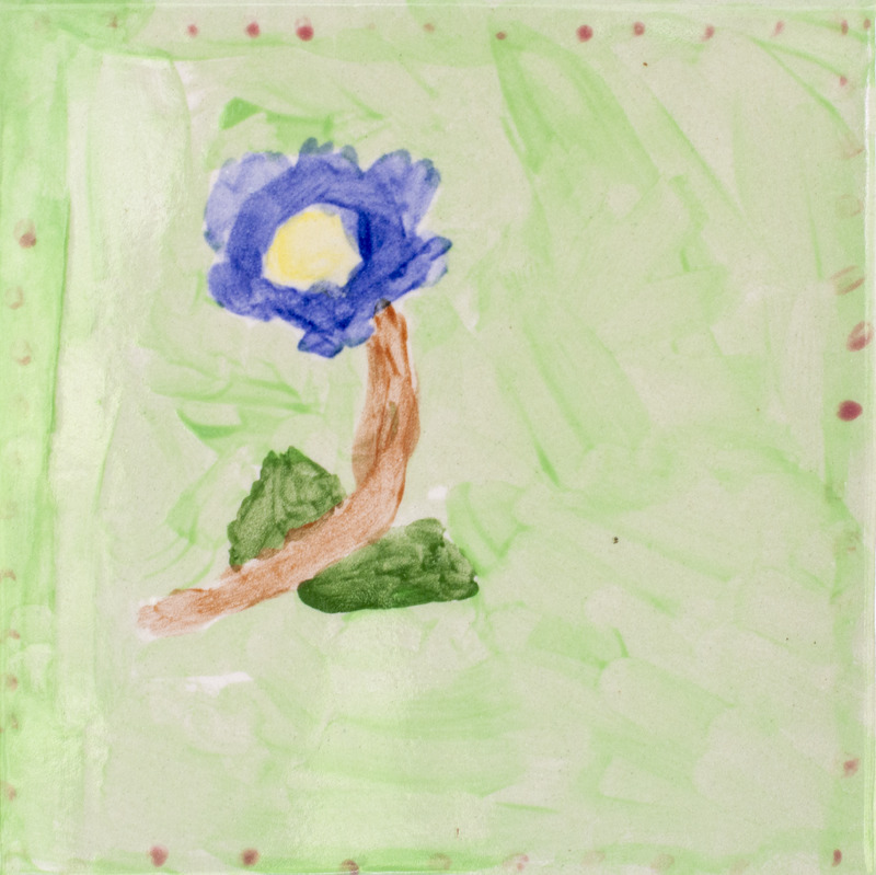 Painting of a blue flower with a brown stem, growing in a green meadow.