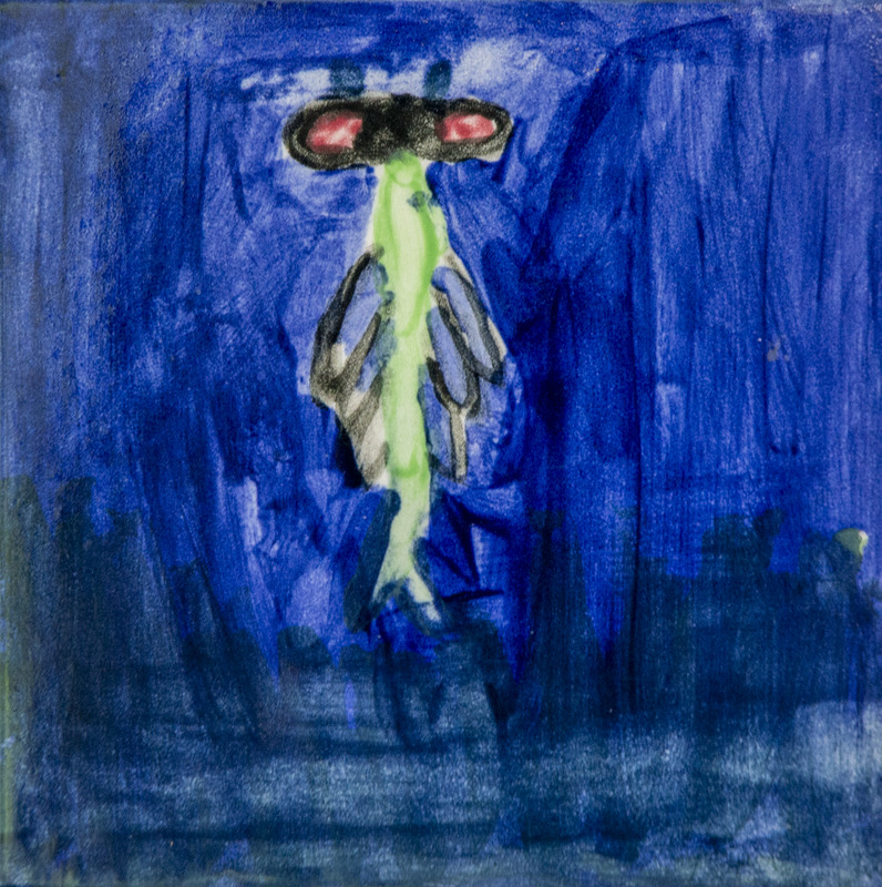 Painting of a green waterbug red eyes, floating against a deep blue water.