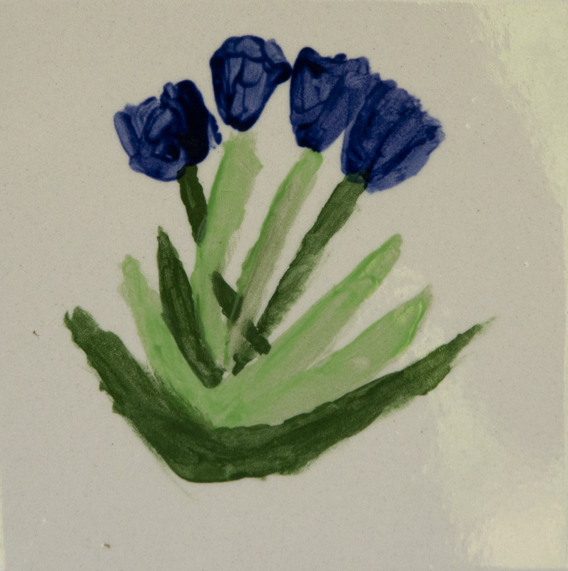 Painting of four blue flowers with green stems and leaves, arranged like a small bouquet.