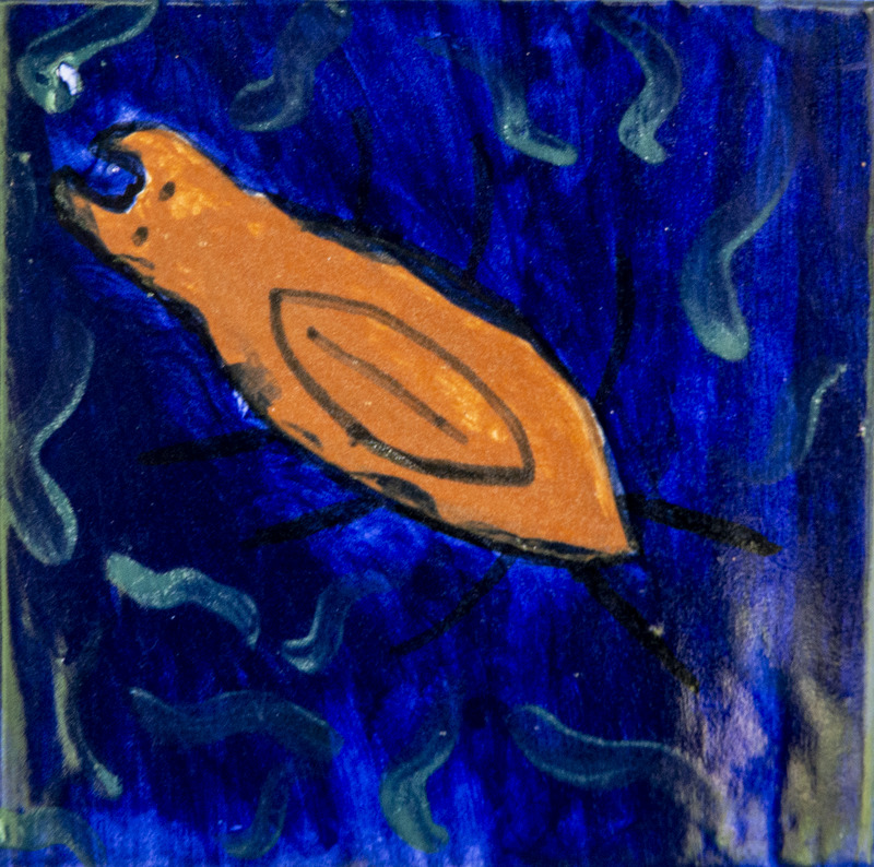 Painting of a brown water bug with long legs swimming in dark blue water.