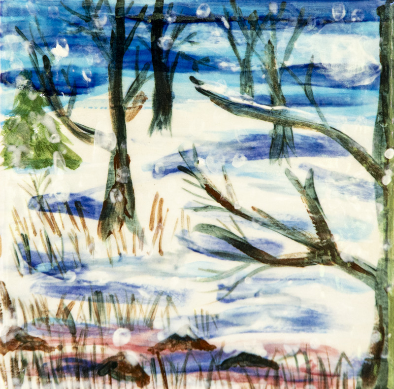 Painting of bare trees and fallen branches in a snowy landscape with blue shadows, patches of brown grass, and a small evergreen in the background.