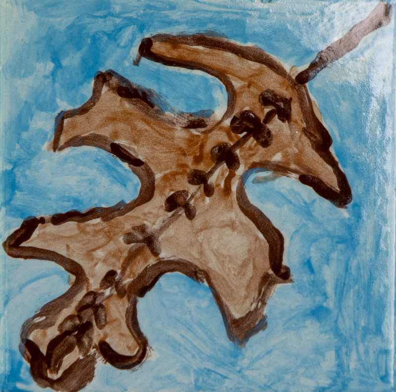 Painting of brown oak leaf with lobed edges and a dark stem, set against a light blue background.