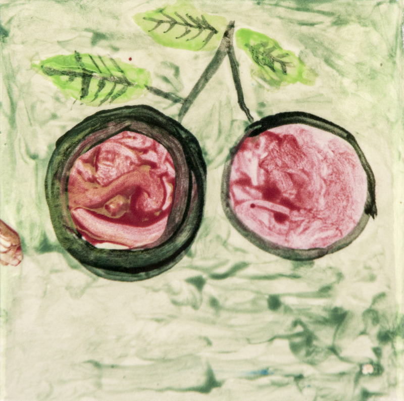 Painting of two red cherries with green leaves and stems.