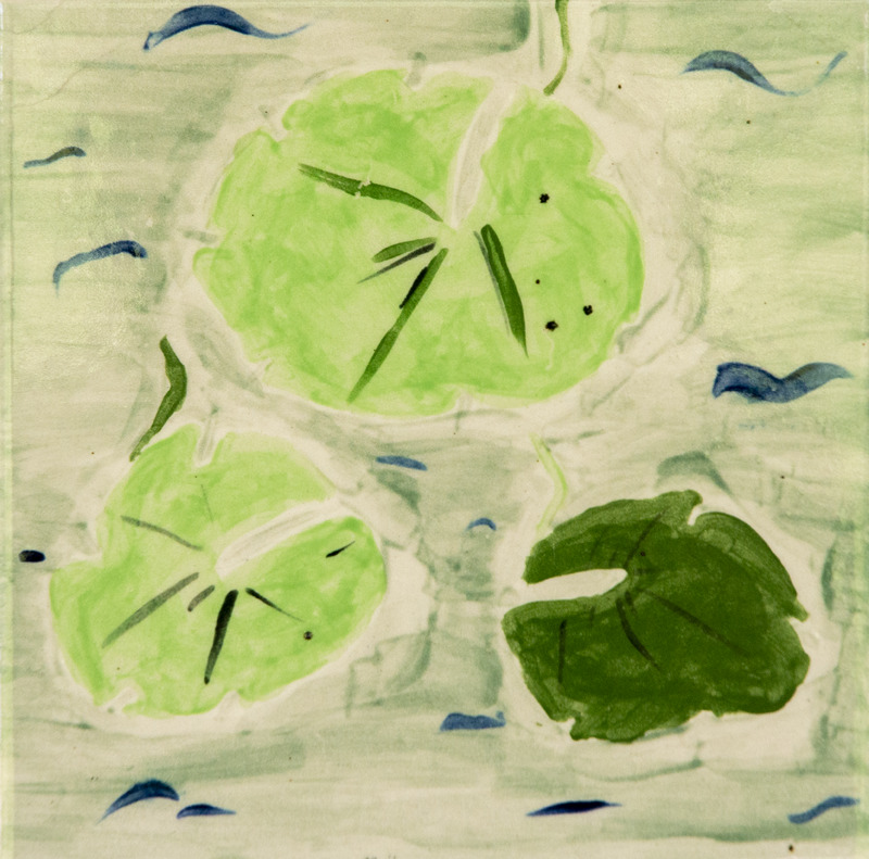 Painting of green lily pads floating on pale water with small blue ripples.
