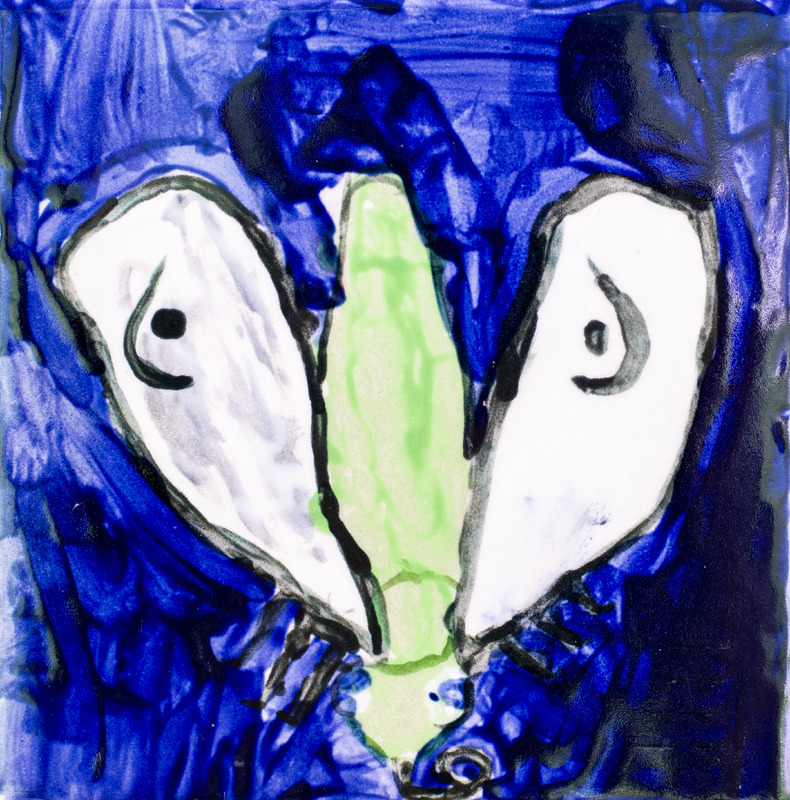 Painting of a green and white moth with large wings and black markings against a dark blue background.