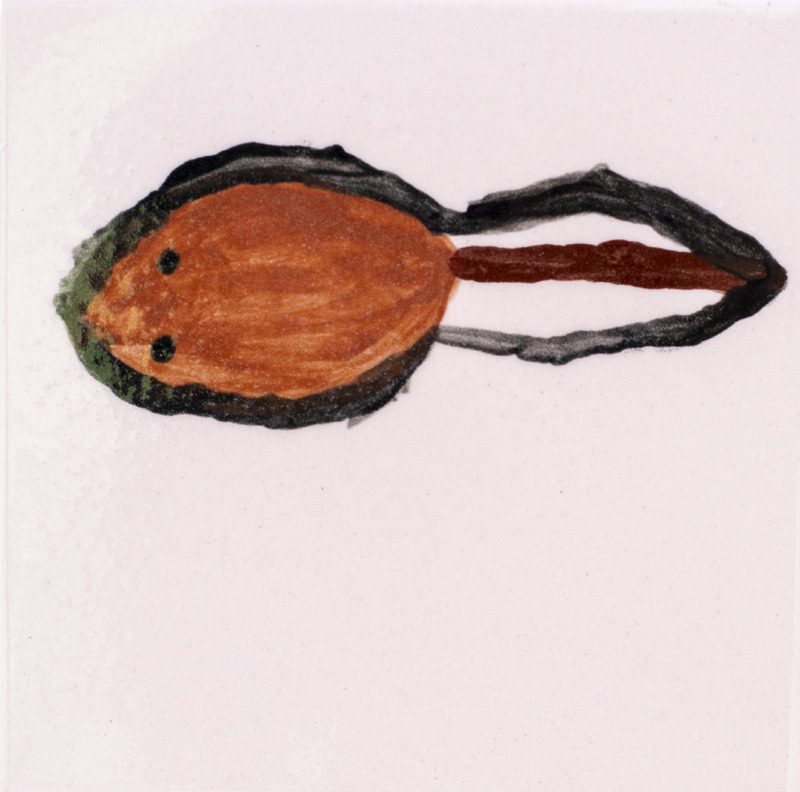 Painting of a brown tadpole with small black eyes and a long dark tail on a white background.