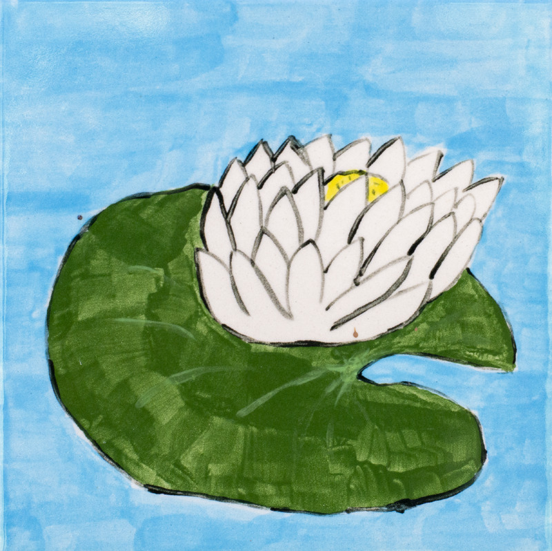 Painting of white water lily sitting on lilypad against blue background.