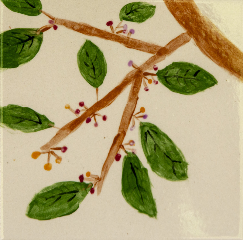 Painting of a brown tree branch with green leaves and small colorful berries.