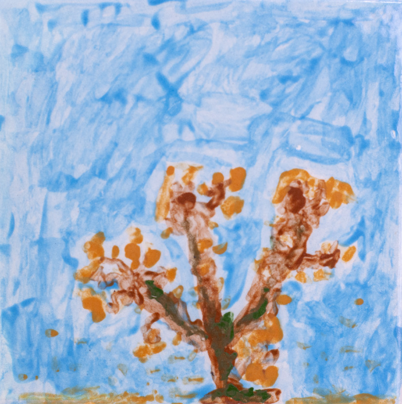 Painting of a branch with a blue background.