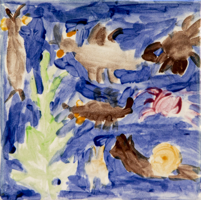 Painting of pond life with fish, snails, plants and other species in blue water.