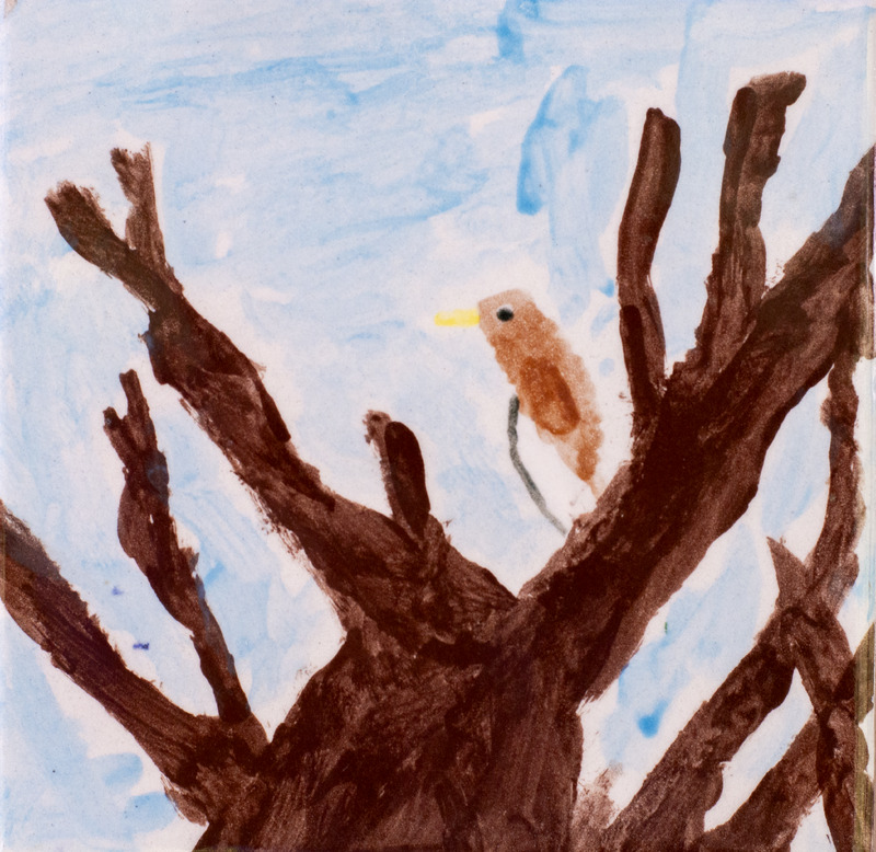 Painting of small brown bird in bare tree against blue sky.