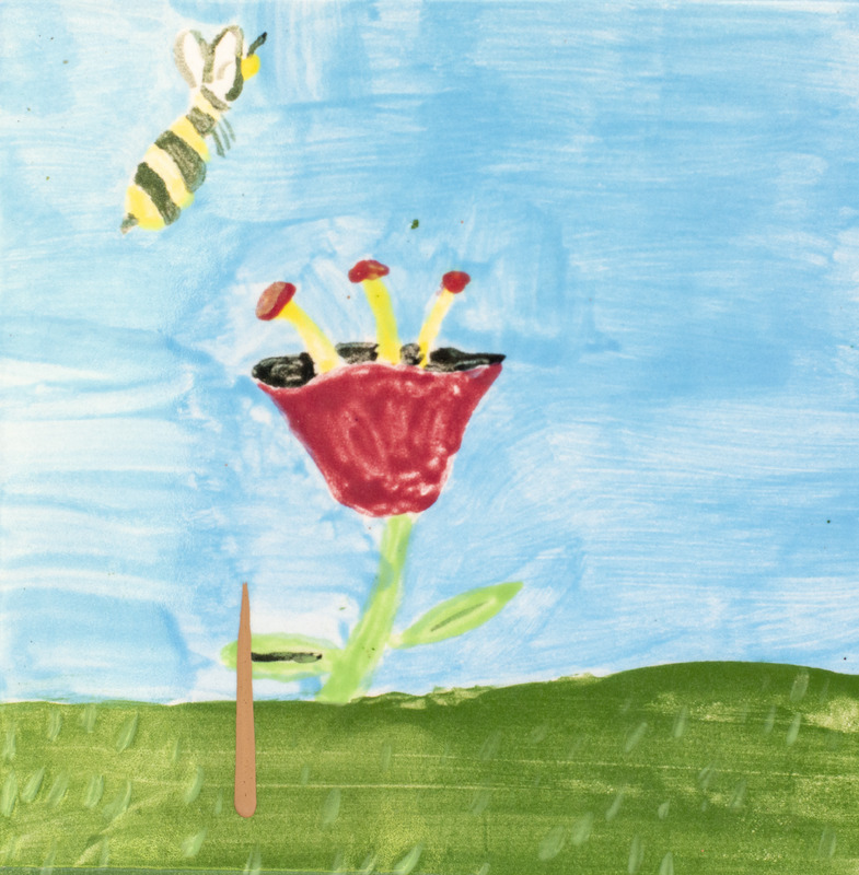 Painting of a yellow and black bee flying over a red and yellow flower.