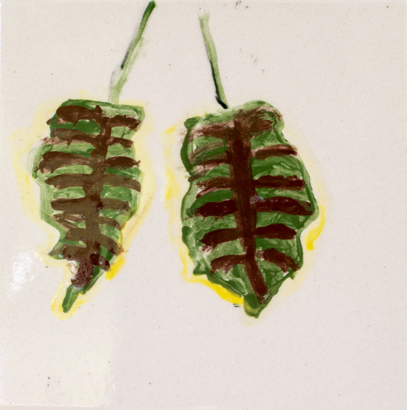 Painting of two green leaves with brown and yellow details over a cream background.