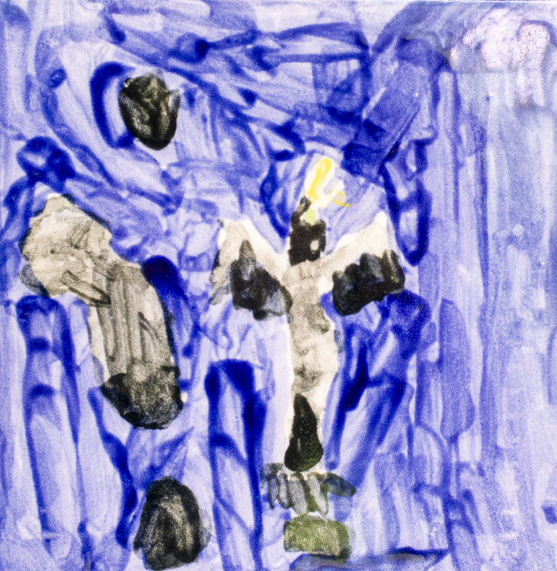 Painting of a brown eagle in front of a dark blue background with black details.
