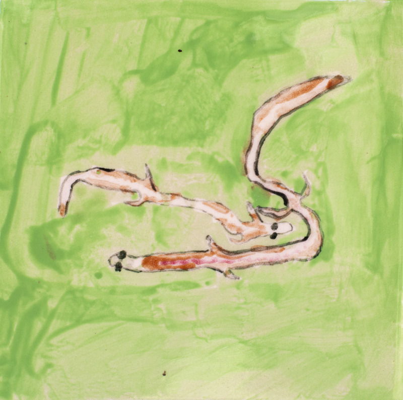 Painting of three red and white salamanders in a green background.