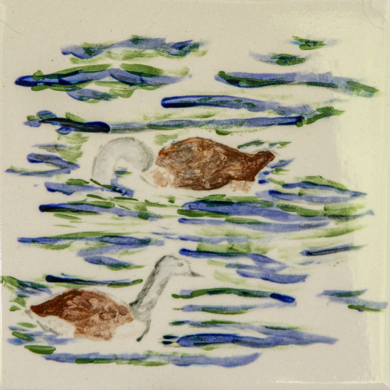 Painting of two geese swimming on water, shown with brown bodies and light-colored necks, surrounded by blue and green brushstrokes representing rippling water.