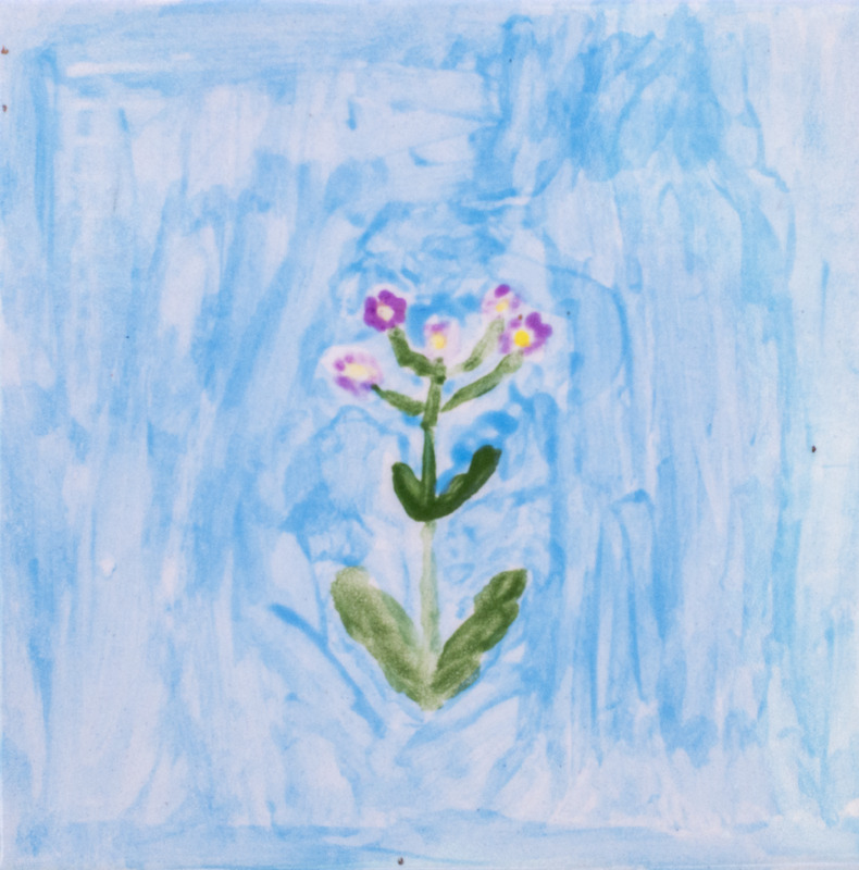 Painting of a small flower with green leaves and purple petals with yellow centers, standing against a light blue background.