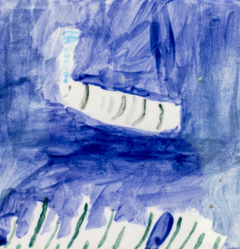 Painting of striped fish underwater.
