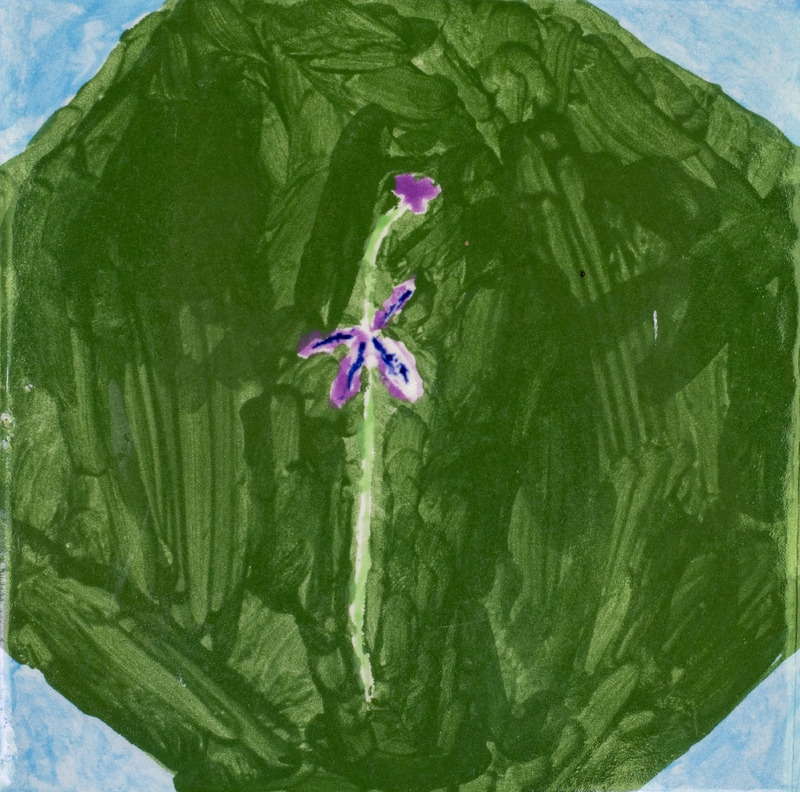 Painting of a pink flower in a green circle with a blue background.