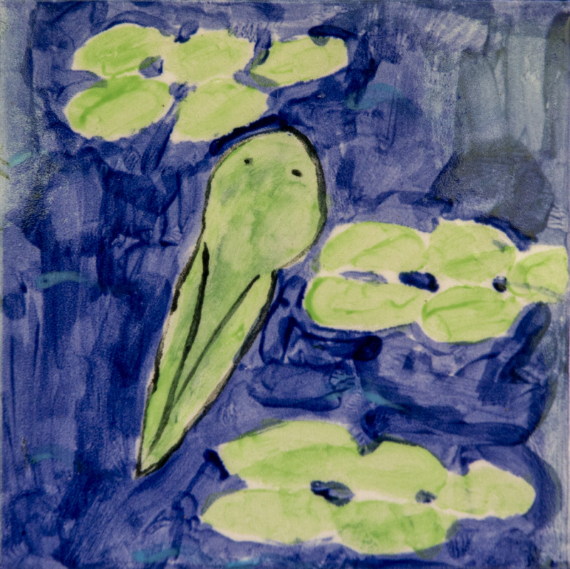 Painting of a green tadpole swimming among light green lily pads on deep blue water.
