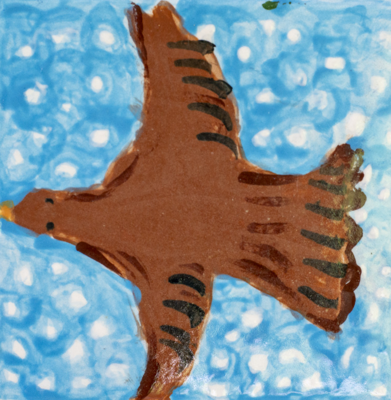 Painting of a large brown bird soaring in a blue sky with snow flurries.