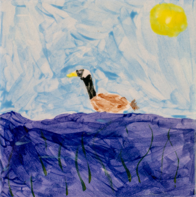 Painting of a Canada goose swiwmming in dark blue water with a blue sky and a yellow sun in the top right.