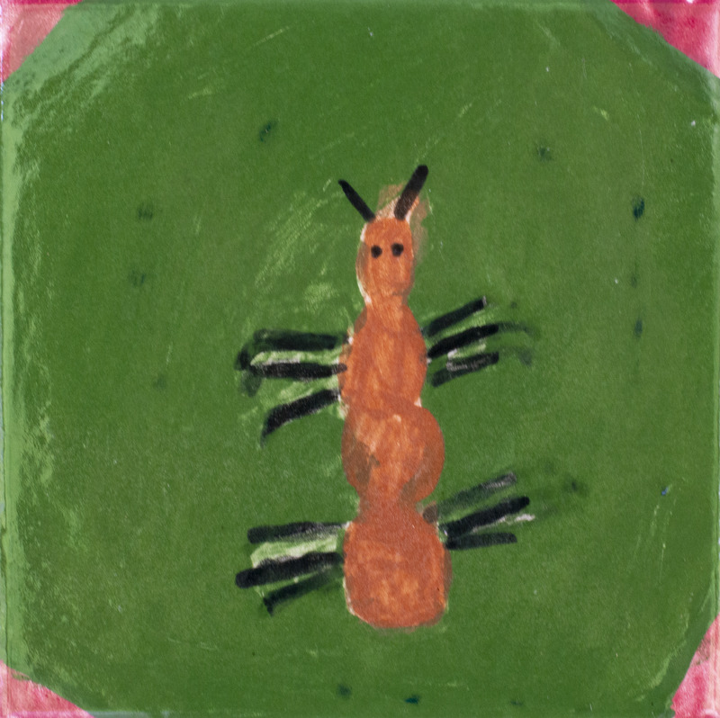 Painting of an ant walking on grass.