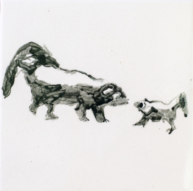 Painting of adult and young skunk facing each other.