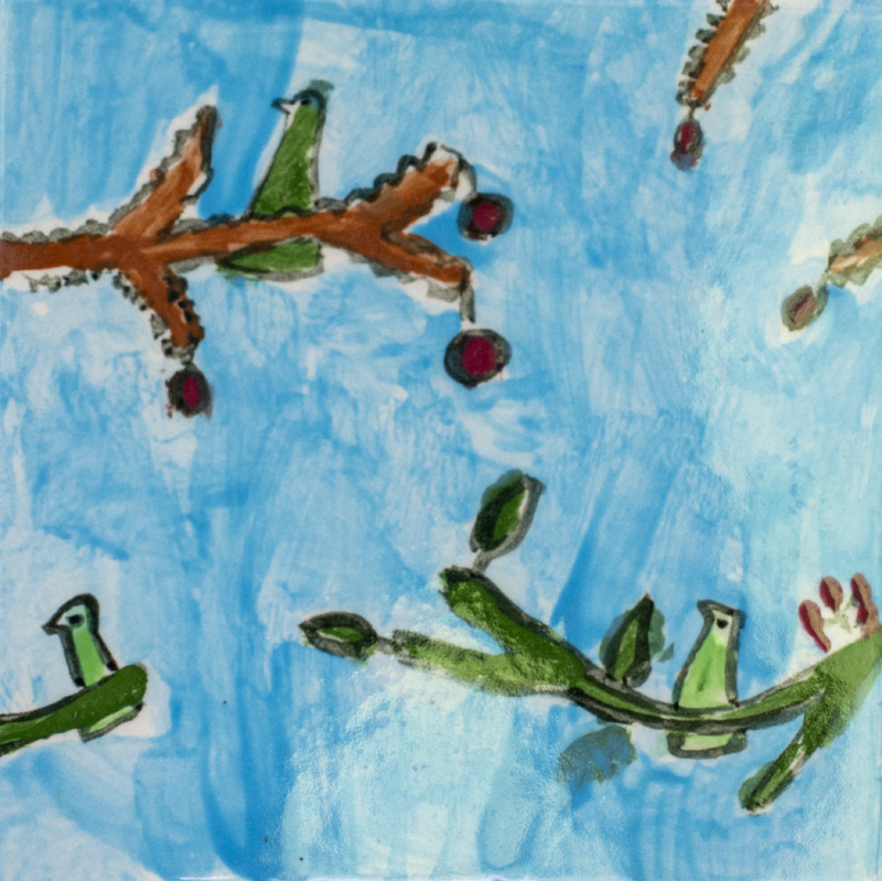 Painting of three green birds on tree branches with red buds.