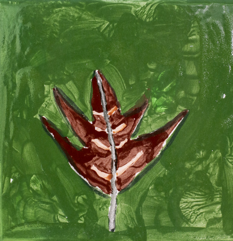 Painting of brown leaf against dark green background.