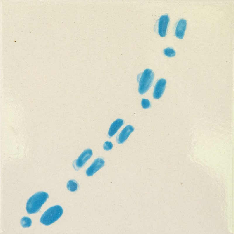 Painting of blue animal tracks spaced diagonally across a light background.