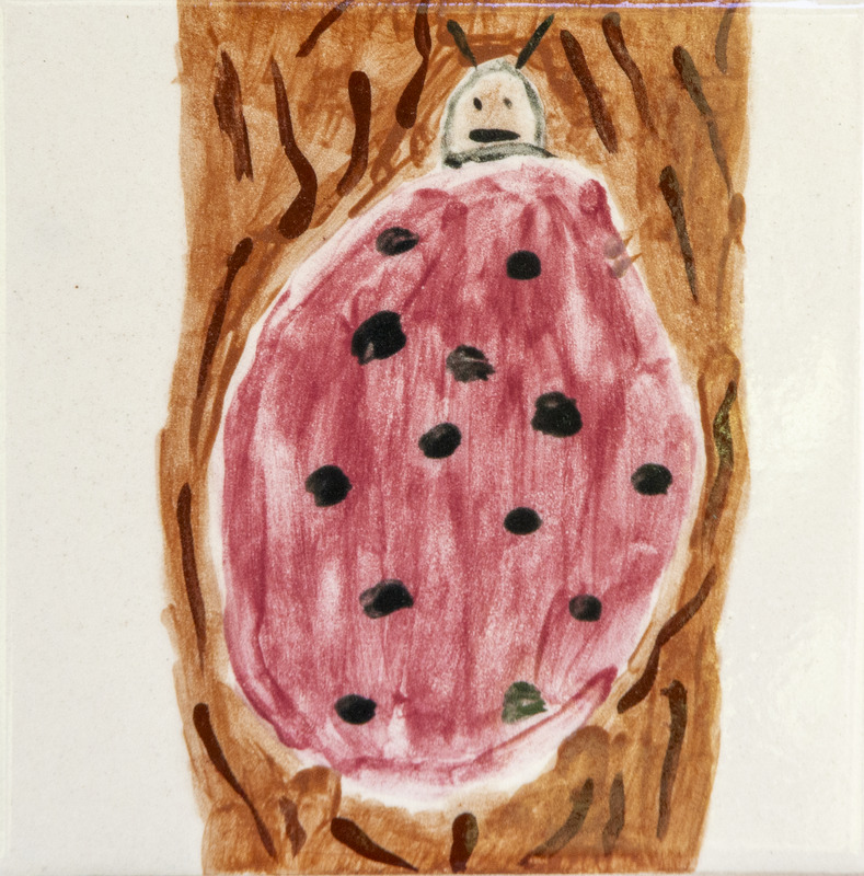 Painting of a red ladybug with black spots and a pale face, resting on a brown tree trunk.